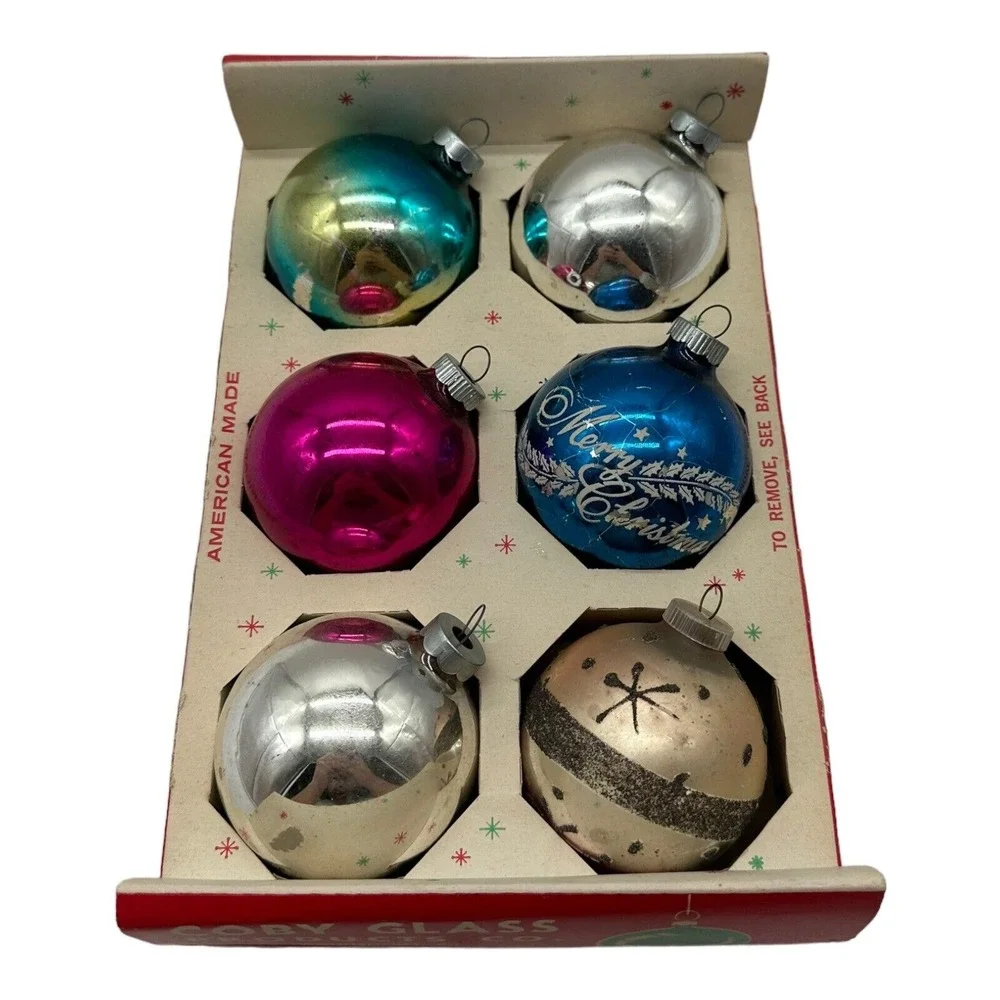 VTG Box of 6 Glass Christmas Tree Ornaments Round Balls Glitter Solid Stenciled‎